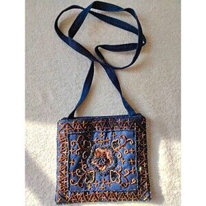 Boho Beaded Embroidered Jean Crossbody Bag Blue Brown Lined